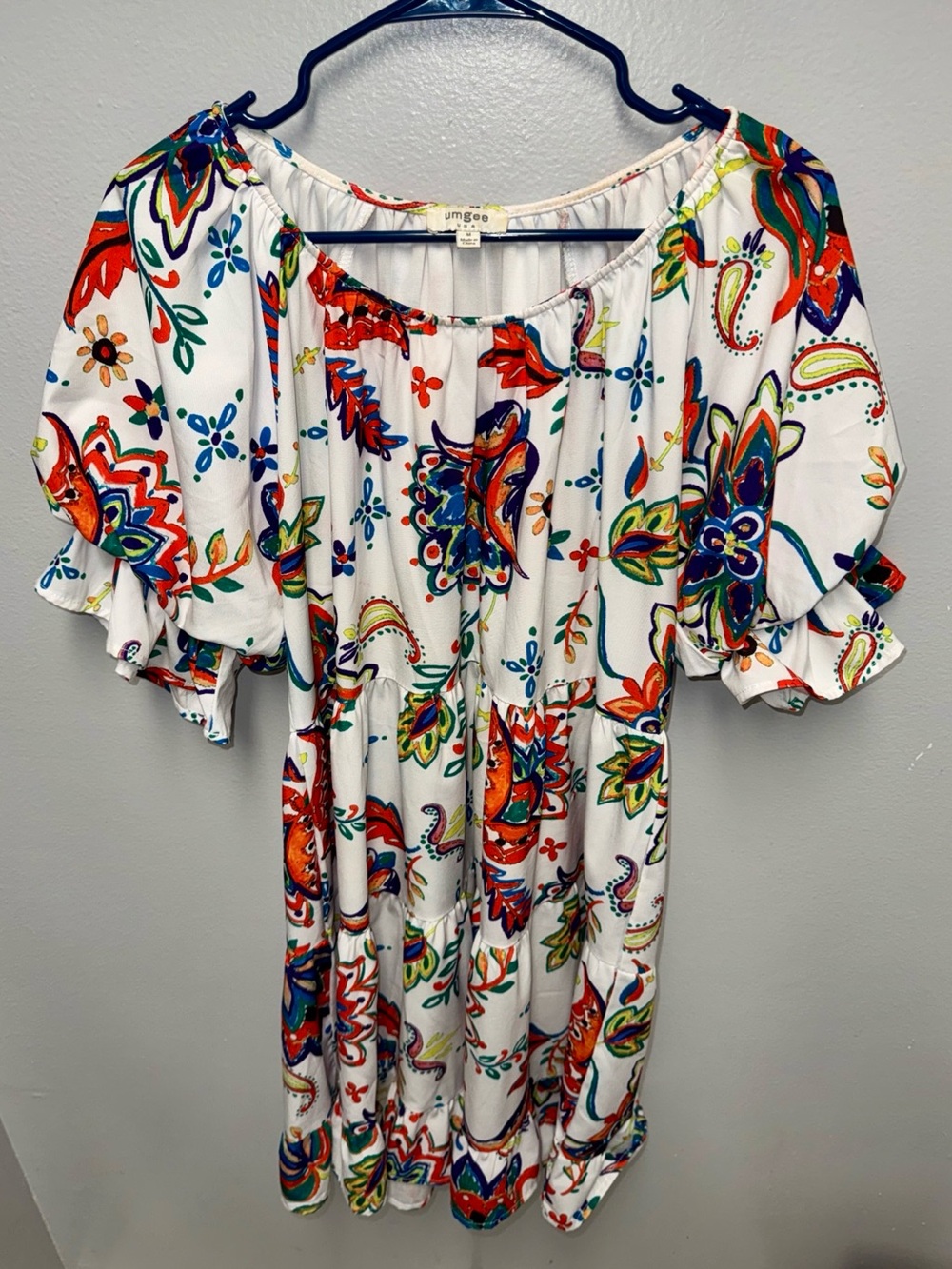 Umgee White Floral Off-Shoulder Dress Red, Blue, Green, Purple M EUC